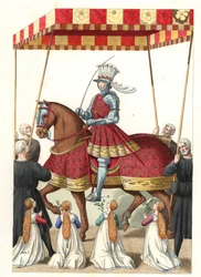 Francouzský král Ludvík XII. (1462-1515), podle miniatury Jeana Marota (nebo Desmarets, cca 1450-cca 1526) - Litografie z ilustrace Edmonda Lechevalliera-Chevignarda (1825-1902), z „historických kostýmů 16.