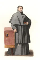 Pedro de Urbina de Montoya, archeveque of Seville (Španělsko) od roku 1658 do roku 1663, na základě malovaného portrétu Bartolome Murillo (1618-1682) - Litografie z ilustrace Edmonda Lechevallier-Chevignarda (1825-1902), z „Historické kostýmy ze 16t