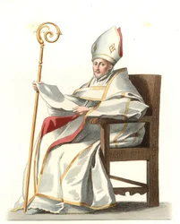 Španělská Eveque 16. století, podle malby Bartolomea Murilla (1617-1682) - Litografie podle ilustrace Edmonda Lechevallier-Chevignarda (1825-1902), z „Costumes historiques des 16th