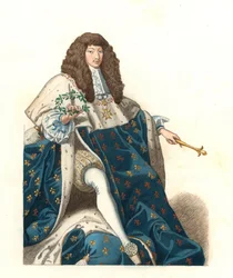 Mladý francouzský král Ludvík XIV. (1638-1715), podle malby Musee de Blois (Francie) - Litografie podle ilustrace Edmonda Lechevallier-Chevignarda (1825-1902), z „Costumes historiques des 16th