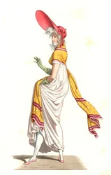 Mladá Francouzka oblečená v módě Wonderful z 18. století podle obrazu Carle Verneta (1758-1836) - Litografie podle ilustrace Edmonda Lechevallier-Chevignarda (1825-1902), z „Costumes historiques des 16th