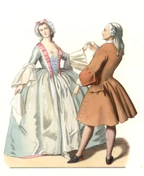 Taneční mistr a mladý Benátčan, taneční lecon v Itálii 18. století, podle obrazu Pietra Longhiho (1701-1785) - Litografie podle ilustrace Edmonda Lechevallier-Chevignarda (1825-1902), extrahovaná z „“Historických kostýmů 16