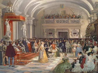 Svatba Jindřicha Bourbonského, krále navarrského, s Markétou z Valois za přítomnosti Kateřiny Medicejské a Karla IX. roku 1572, 1862