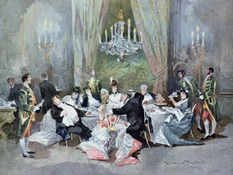 II. dějství, 10. scéna z opery "Le Reveillon" od Henriho Meilhaca (1830-97) a Ludovica Halevyho (1834-1908) v Palais-Royal, 1872