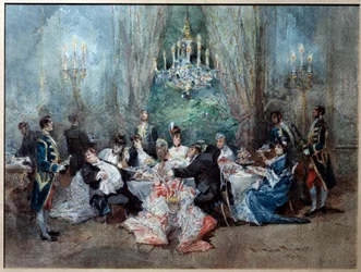 Scéna s jídlem. Ilustrace pro scénu 10 dějství II „“The Reveillon““ od Henri (Henry) Meilhac (1830-1897) a Ludovic Halevy (1834-1908) v královském paláci