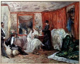 Divadelní komička Hortense Schneider (1833-1920), milenka Jacquese Offenbacha (1819-1890), představuje vlevo ve své šatně v Theater des varietes. Akvarel od Edmonda Morina (1824-1882) 1873 Compiegne, Hradní muzeum