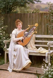 "Con Amore" Mladá žena hrající na lyru. Obraz Edwarda Blaira Leightona (1853-1922) 1895