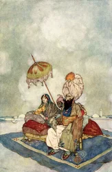 Po celou tu dobu princezna sledovala boj ze střechy paláce, ilustrace z "Příběhu kouzelného koně".