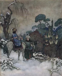 Kráska a zvíře: Kráska, která souhlasila, že se ujme svého otce vězněného Bete, aby ho osvobodila, míří k zámku, asi 1910 (litografie)