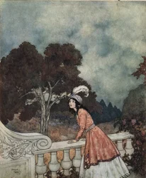 Modré vousy: Modrovousova mladá žena Fatima se ptá své sestry Anny, jestli vidí své bratry z věže, asi 1910 (litografie)