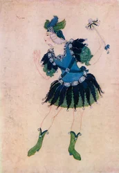 Návrh kostýmu Momuse v opeře Phebus a Pan, Edmund Dulac, z knihy "Dětská kniha princezny Marie-José", vydáno 1916 (barevná litografie)