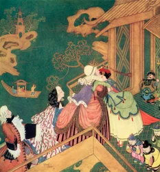 „Laideronnette políbila a objala dobrou vílu ochránkyni“, ilustrace k francouzské pohádce Zelený had z knihy Edmunda Dulaca Fairy-Book: Pohádky spojeneckých národů, vydáno 1916