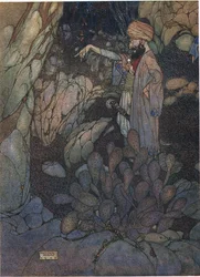 Otevřený sezam, ilustrace z filmu "Ali Baba a čtyřicet loupežníků" (barevná litografie)