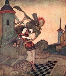 „Když se princ podíval ven, spatřil, jak popadl princeznu a rychle s ní odletěl“, ilustrace ze srbské pohádky Příběh o Bashtchelikovi, z Pohádkové knihy Edmunda Dulaca: Pohádky spojeneckých národů, vydáno 1916