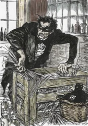 Doktor jekyll zoufale hledá prášky, které mu dovolují ztrapnit jeho postavu pana Hyda, Ilustrace Edmunda Josepha Sullivana (1869-1933) k románu L