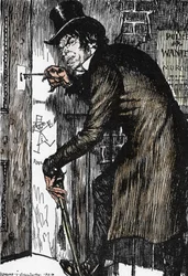 Pan Hyde se po noci plné dobrodružství vrací domů, aby si vzal protijed a znovu nabyl vzhledu doktora Jekylla, ilustrace Edmunda Josepha Sullivana (1869-1933) k románu „Podivný případ Dr. Jekylla a pana Hyda“ od Roberta Louise Stevensona (1850-1894)
