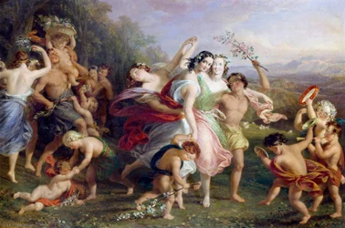"Matinee de mai" Tanec a obchůzky lesních postav, děti ověšené květinami. Obraz Edmunda Thomase Parrise (1793-1873) 1859