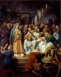 Rys Fredegondeova života také říká „Smrt svatého Pretextata, eveque de Rouen“. Fredegonde (545-597), manželka Chilperika I. sleduje Pretextata de Rouen, kterého v roce 586 zavraždila v rouenské katedrále. Obraz Edouarda Cibota (1799-1877) 18