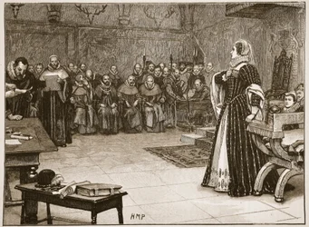 Proces s Mary Queen of Scots v zámku Fotheringhay, ilustrace z „Cassell