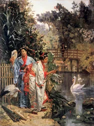 "Dvě Japonky v kimonech se starají o labutě a rybaří (). Obraz Edouarda Castrese (1838-1902) Soukromá sbírka