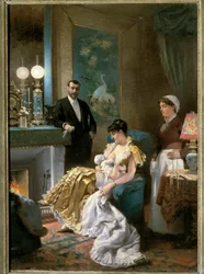 Před plesem. Matka ve večerních šatech kojí své dítě, než odejde s manželem ven a nechá dítě chůvě. Obraz Édouarda Debat-Ponsana (1847-1913). 1886. Muzeum výtvarných umění v Tours