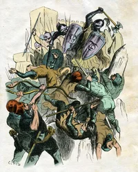 Ilustrace Edouarda Frereho (1797-1874) a Theodora Lixe (1830-1897) pro "" Ivanhoe" od skotského spisovatele Waltera Scotta (1771-1832): Bitevní scéna, obléhání hradu.