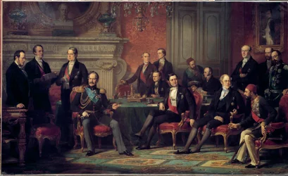 Pařížský kongres zasedal od 25. února do 30. března 1856 na konci krymské války pod Napoleonem III. s ministry zahraničí evropských států. Obraz Édouarda Louise Dubufa (1820-1883). 1856. 3,08 x 5,10 m