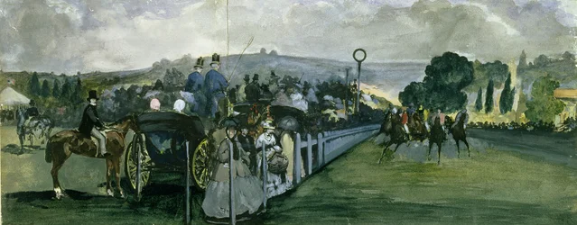Závodní dráha v Longchamps, 1864 (wc a kvaš přes grafit na papíře)