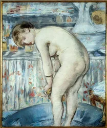 Vana nebo Žena ve vaně. Žena s nohama v umyvadle si dělá záchod. Pastelový obraz od Edouarda Maneta (1832-1883) Dim 0,54 x 0,45