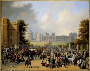 Příjezd Ludvíka Filipa I. (1773-1850) na hrad Windsor 8. 10. 1844 Obraz Edouarda Pingreta (1788-1875) 1845 Ne. 1,28x1,6m