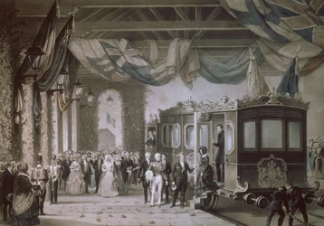 Královna Viktorie (1819-1901) a princ Albert (1819-61) přijíždějící na Gosport Station, Hampshire, vyryto Bayot & Cuvilier, 1846