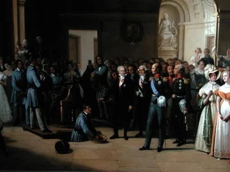 Car Alexandr I. (1777-1825) na návštěvě pařížského Hotel de La Monnaie dne 25. května 1814