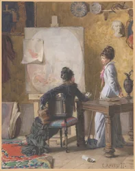 Adéle de Saussure a Marie-Louise Ravel, umělcova žena, v jeho ateliéru