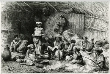 Odpoledne u oblíbeného šejka z Gobronů, ženské aktivity: vyšívání a předení vlny, proutí a keramika. Rytina od Riou pro ilustraci příběhu „“ Voyage chez les Benadir, les somalis et les Bayoun“ v letech 1882-1883 od Georgese Rev.