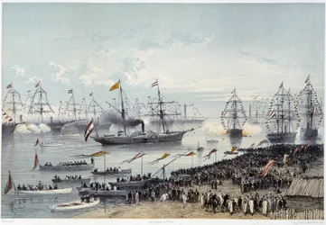 Příjezd Jeho Veličenstva rakouského císaře do Port Said in „“ Inaugurace Suezského průplavu G. Nicole. 1869