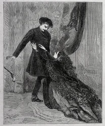 Edmond Dantès a Mercedes - Rytina od Rioua, v románu „Hrabě Monte Cristo“ (Monte-Cristo) od Alexandra Dumase staršího (1802-1870), vyd. Jules Rouff & Cie