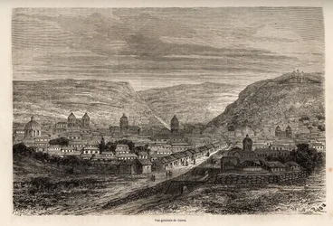 Celkový pohled na Cusco nebo Cusco, bývalé hlavní město Inků, kresba Riou, která ilustruje cestu Paula Marcoye Jižní Amerikou od roku 1848 do roku 1860. Rytina v „“Le tour du monde“, editoval Edouard Charton