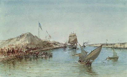 Lodní doprava na Suezském průplavu, ze suvenýrového alba připomínajícího cestu císařovny Eugénie (1826-1920) při inauguraci v roce 1869