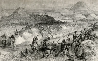 První setkání sira Henryho Mortona Stanleyho s Mazambony, 1890 (dřevoryt)