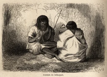 Hra bilboquet s želví hlavou mezi indiány Conibos z Peru, kresba Rioua pro ilustraci cesty P. Marcoye z Tichého oceánu do Atlantského oceánu v letech 1848 až 1860. Rytina v „“Le tour du monde“, editoval Edoua