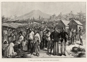 Procházka v Pager Alam Cafe (Malajsie). Rytina od Riou pro ilustraci příběhu „Rok v Malajsii“, od Julese Clainea (1856-1939)