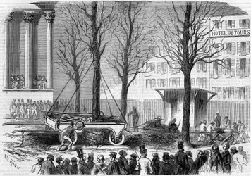 Transplantace stromů na Place de la Bourse v Paříži během zimy 1858. Rytina Riou v „“ Le Monde Illustré““ č. 46 z 27. února 1858.