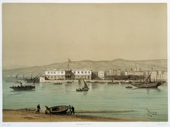 Pohled na kanál v „“ Inaugurace Canal de Suez od G. Nicole. 1869