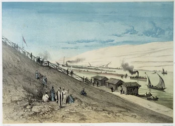 Pohled na kanál v „“ Inaugurace Suezského průplavu od G. Nicole. 1869