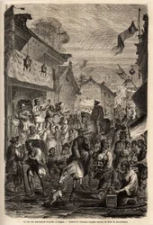 Ulice obchodníků s oblečením, Kalgan, Mongolsko. Kresba od Vaumorta (? -1886), pro ilustraci cesty ze Šanghaje do Moskvy, v letech 1859 až 1862, pana de Bourboulona, francouzského ministra v Číně. Rytina v „“Le tour du monde““, editoval Edouard Chart