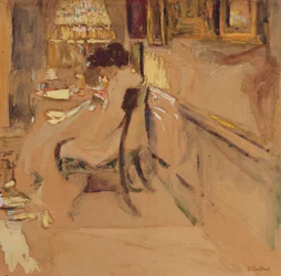 Madam Hessel Šití pod lampou, kolem roku 1905