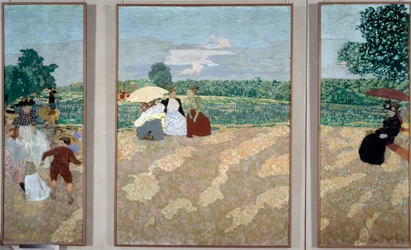 Veřejné zahrady: Zdravotní sestry, Rozhovor a červený deštník - Triptych určený k výzdobě sídla Alexandra Natansona