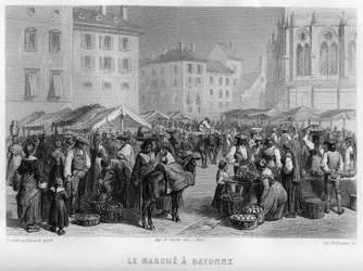 Marche v Bayonne, Pyrenees-Atlantiques (Pyrenees Atlantiques), Akvitánie, Francie. Rytina od Willmanna ve „Starověké a moderní Francii““ od Jean-Bernard Mary-Lafon (Jean Bernard Mary Lafon)
