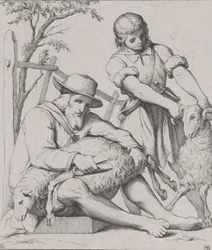 Dva muži stříhání ovcí, ca. 1842.