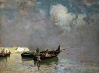 Marina s rybáři, Eduardo Dalbono (1841-1915), olej na plátně, 34x45 cm